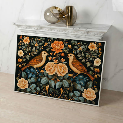 Birds and Flowers Botanical Canvas in white floating frame