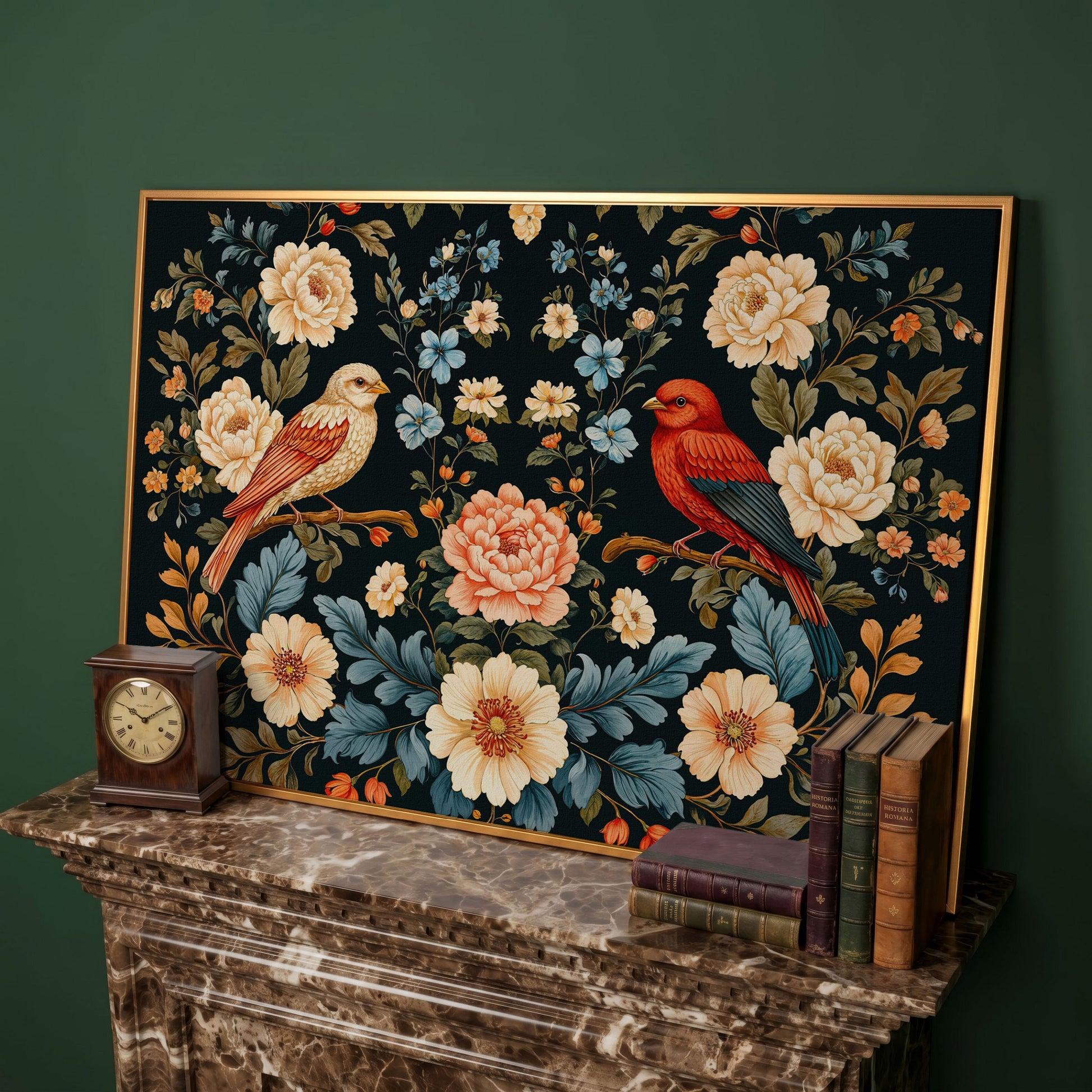 William Morris Style Birds & Blooms Canvas in antique gold floating frame