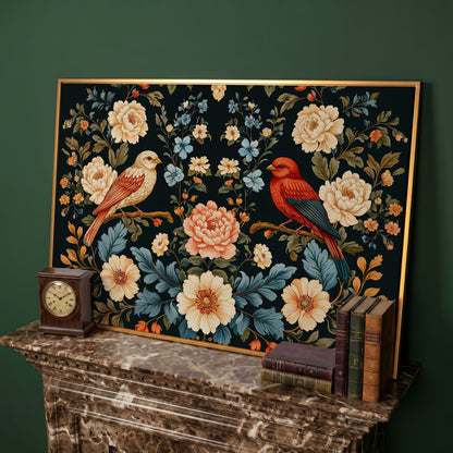 William Morris Style Birds & Blooms Canvas in antique gold floating frame
