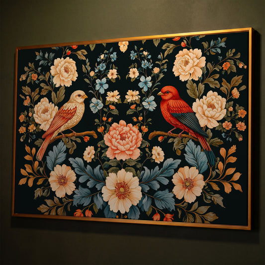 William Morris Style Birds & Blooms Canvas shown in antique gold floating frame