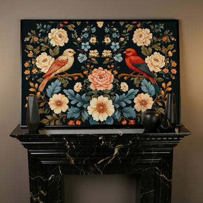 William Morris Style Birds & Blooms Canvas in black floating frame
