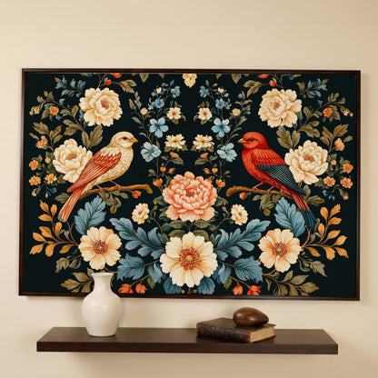 William Morris Style Birds & Blooms Canvas in dark walnut floating frame