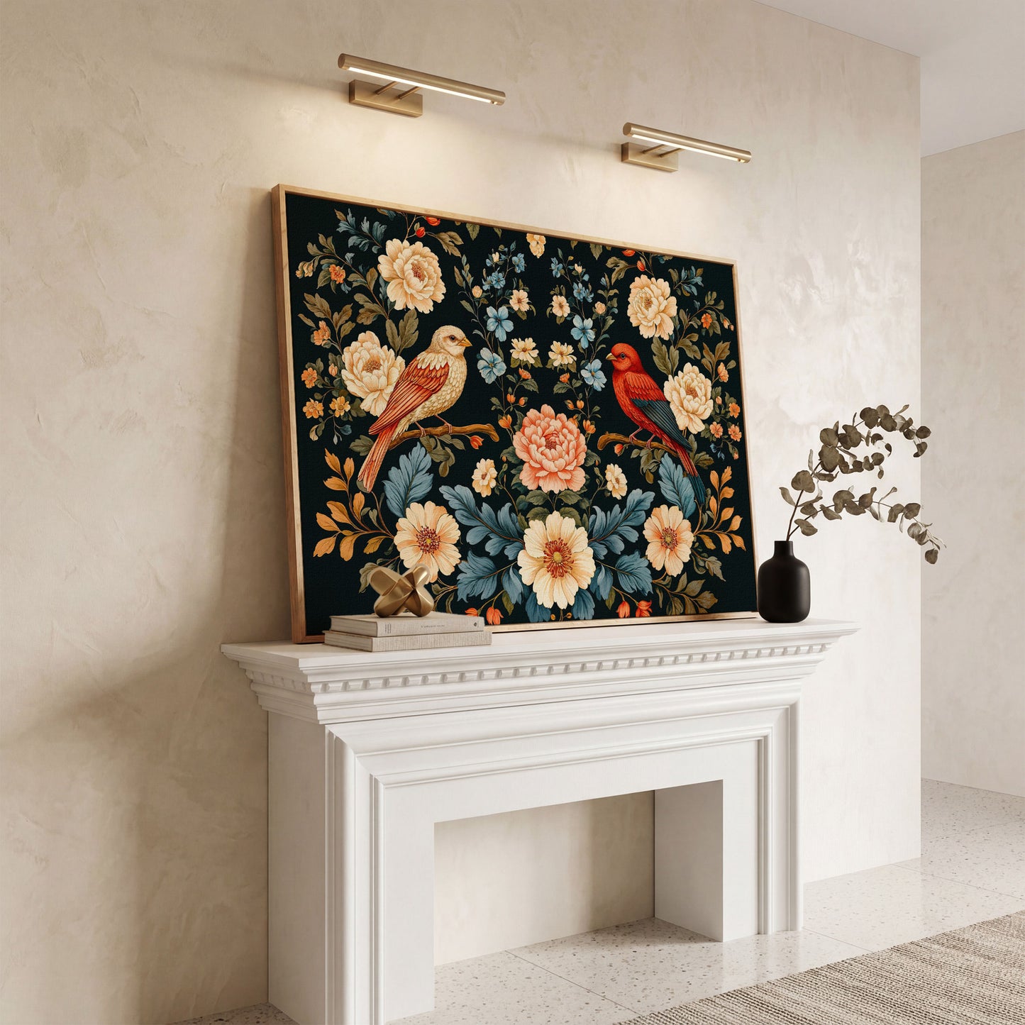William Morris Style Birds & Blooms Canvas in white oak floating frame
