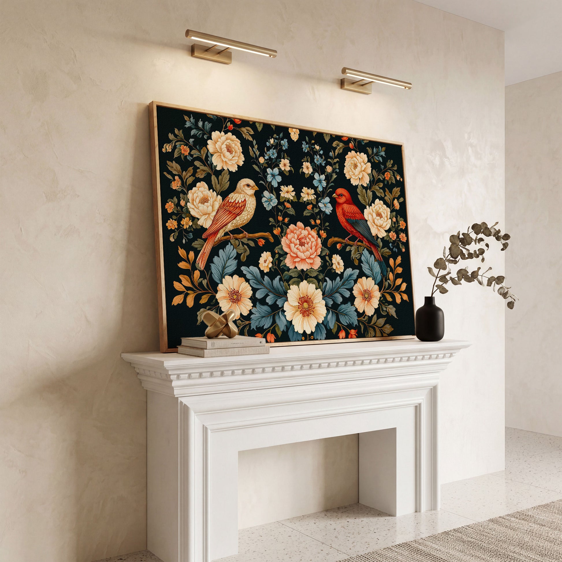 William Morris Style Birds & Blooms Canvas in white oak floating frame