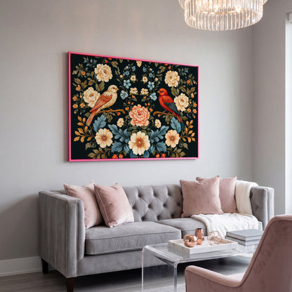 William Morris Style Birds & Blooms Canvas in pink floating frame