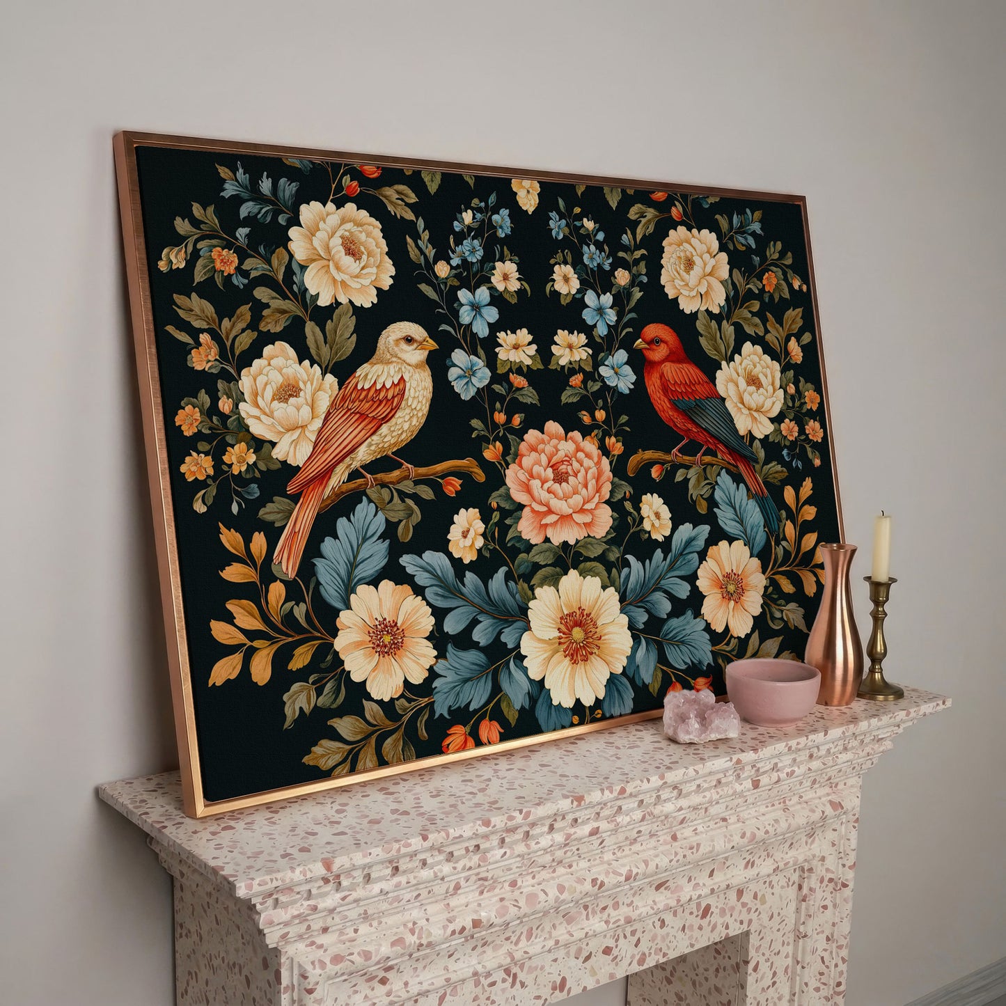 William Morris Style Birds & Blooms Canvas in rose gold floating frame