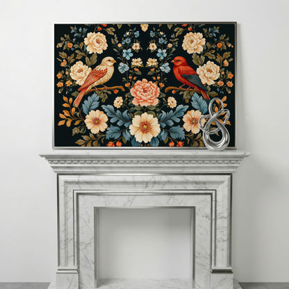 William Morris Style Birds & Blooms Canvas in silver floating frame