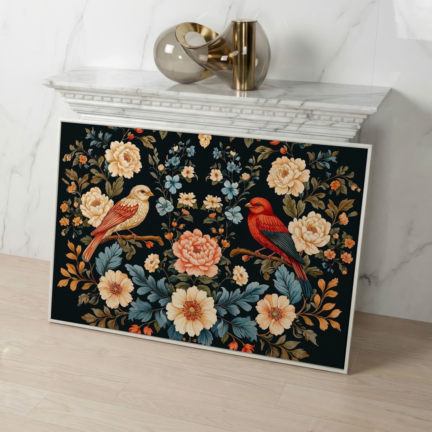 William Morris Style Birds & Blooms Canvas in white floating frame