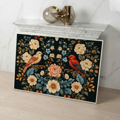 William Morris Style Birds & Blooms Canvas in white floating frame