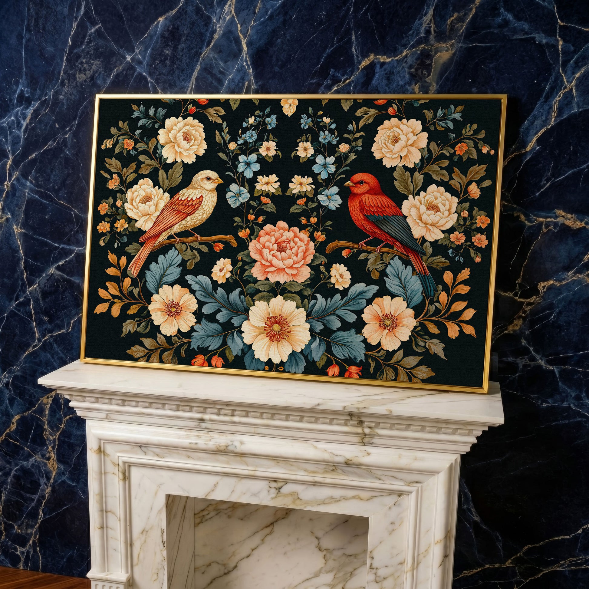 William Morris Style Birds & Blooms Canvas in yellow gold floating frame