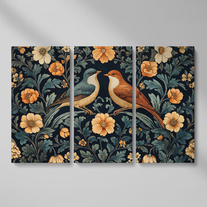 Vintage Birds and Florals Canvas Print as 3-panel split version
