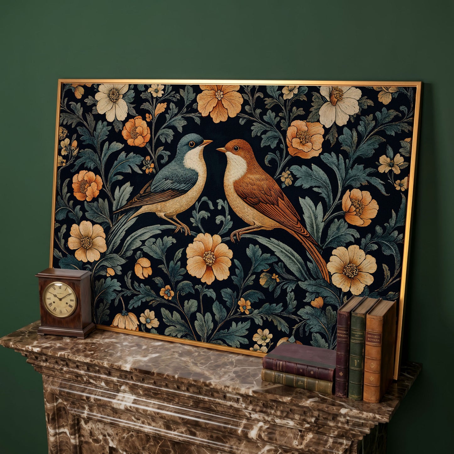 Vintage Birds and Florals Canvas Print in antique gold floating frame