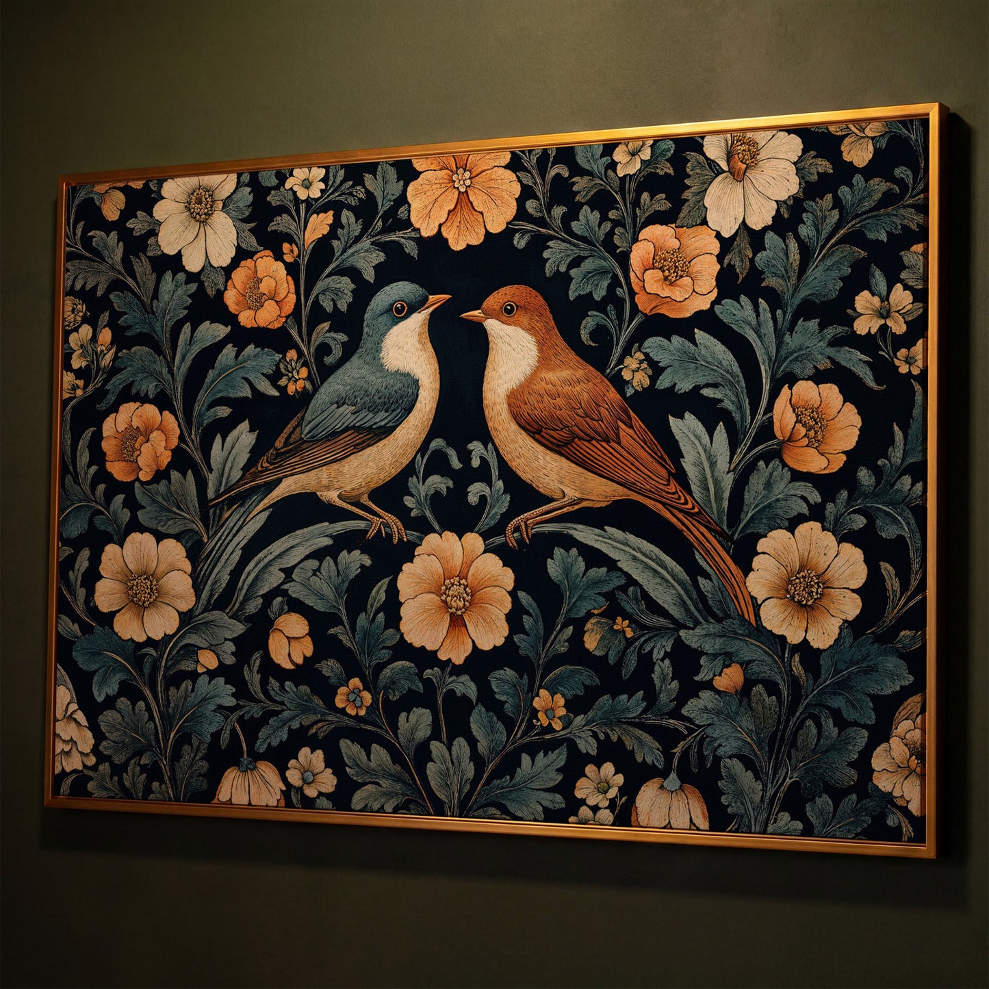 Vintage Birds and Florals Canvas Print shown in antique gold floating frame