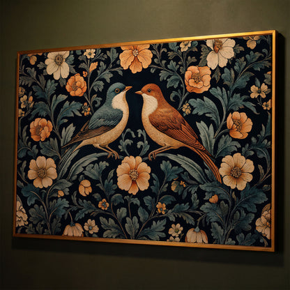 Vintage Birds and Florals Canvas Print shown in antique gold floating frame