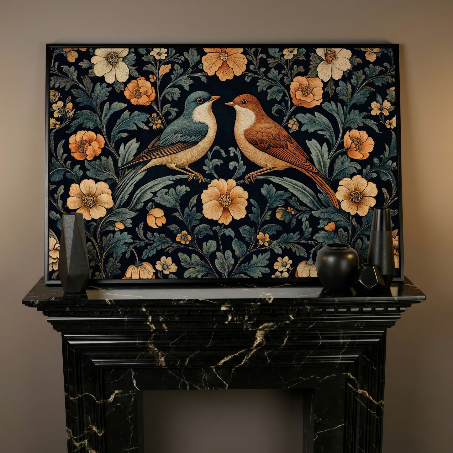 Vintage Birds and Florals Canvas Print in black floating frame