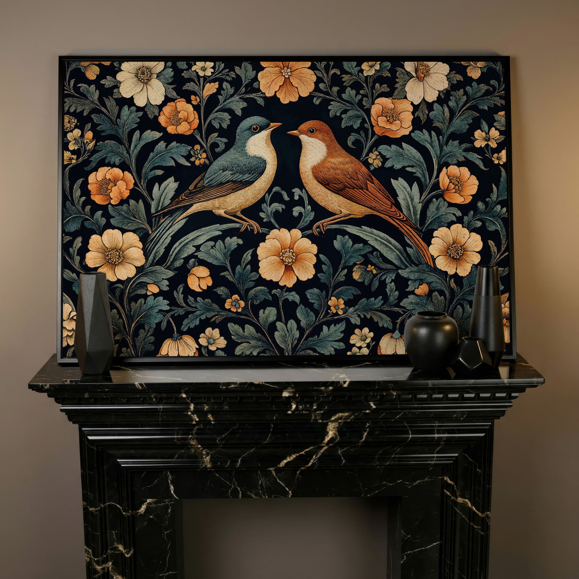 Vintage Birds and Florals Canvas Print in black floating frame