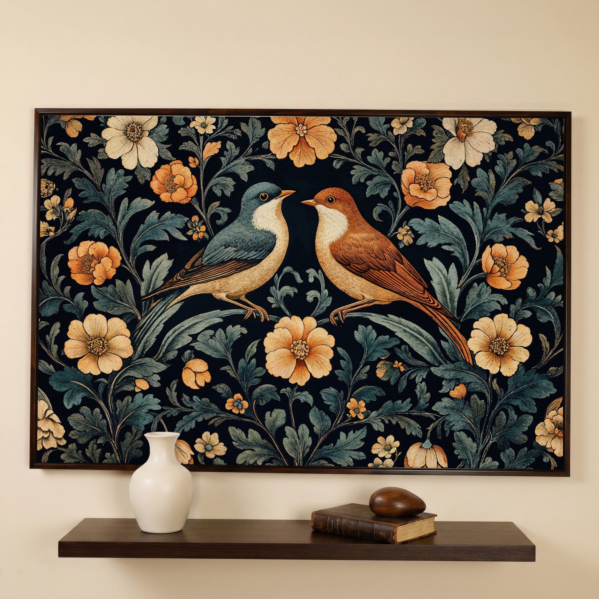 Vintage Birds and Florals Canvas Print in dark walnut floating frame