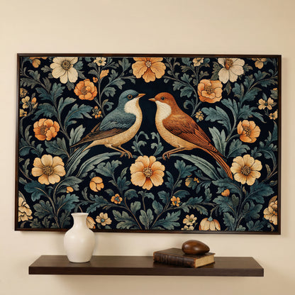 Vintage Birds and Florals Canvas Print in dark walnut floating frame