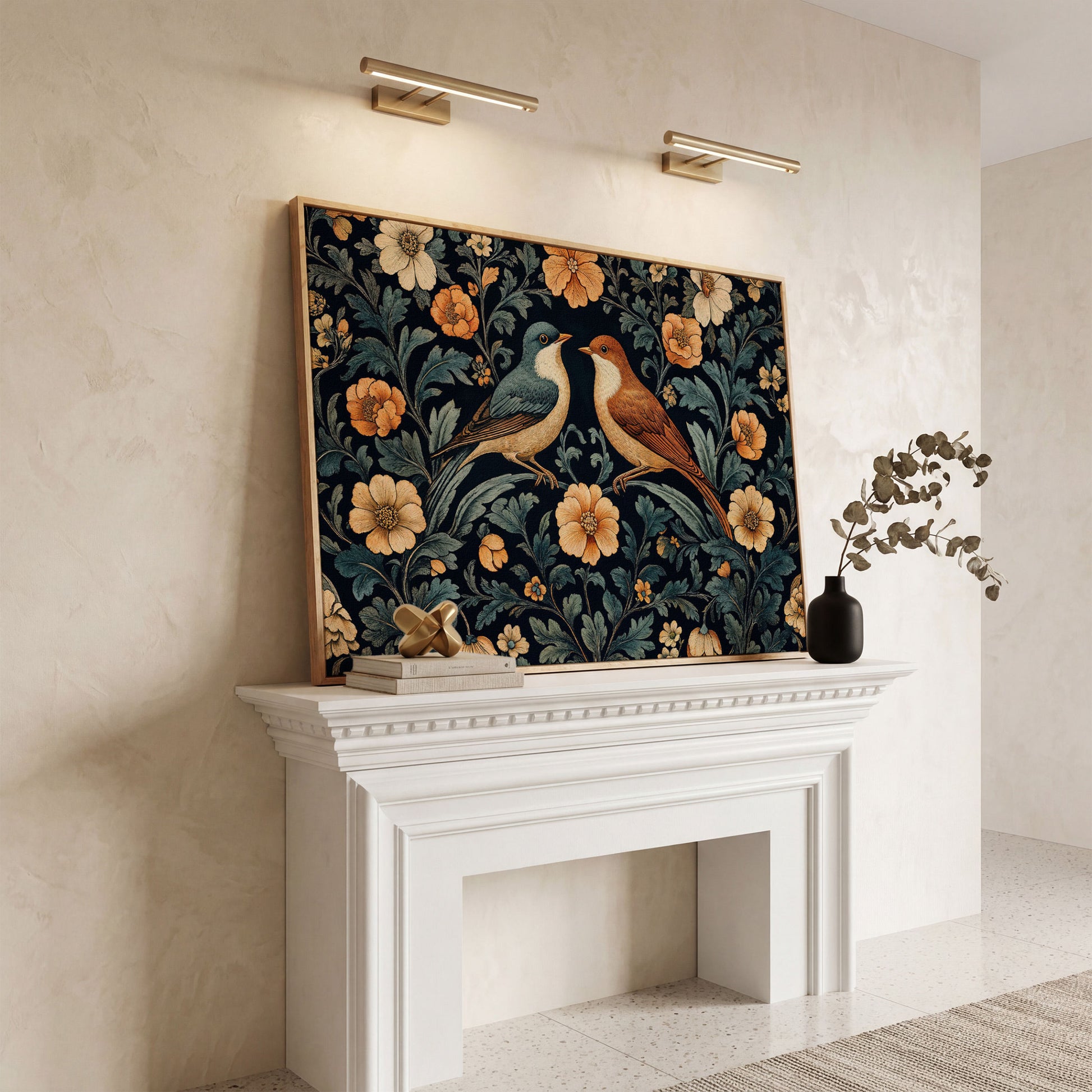 Vintage Birds and Florals Canvas Print in white oak floating frame