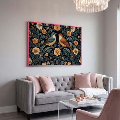 Vintage Birds and Florals Canvas Print in pink floating frame