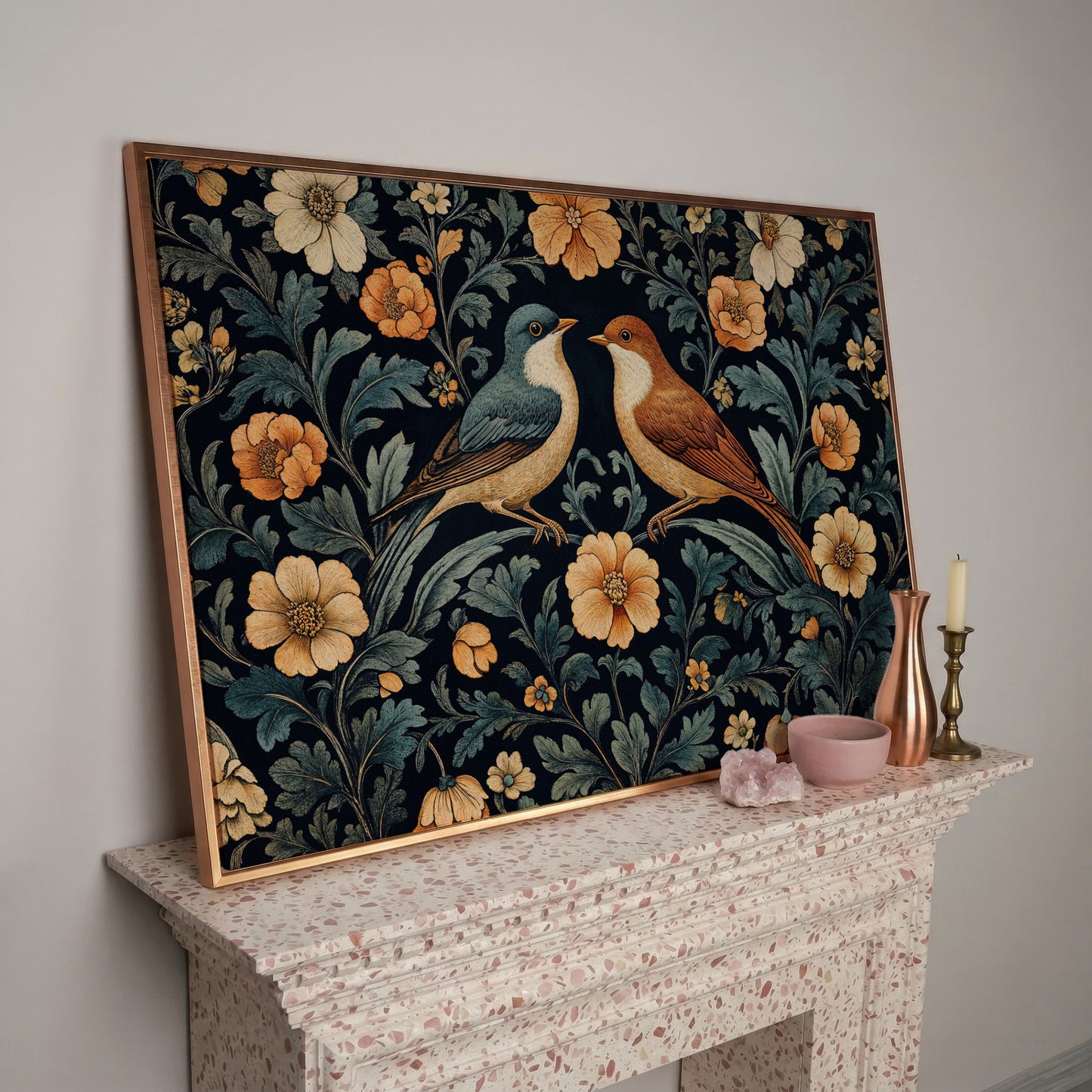 Vintage Birds and Florals Canvas Print in rose gold floating frame