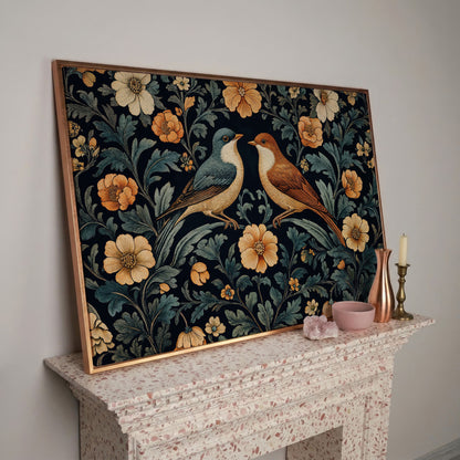 Vintage Birds and Florals Canvas Print in rose gold floating frame