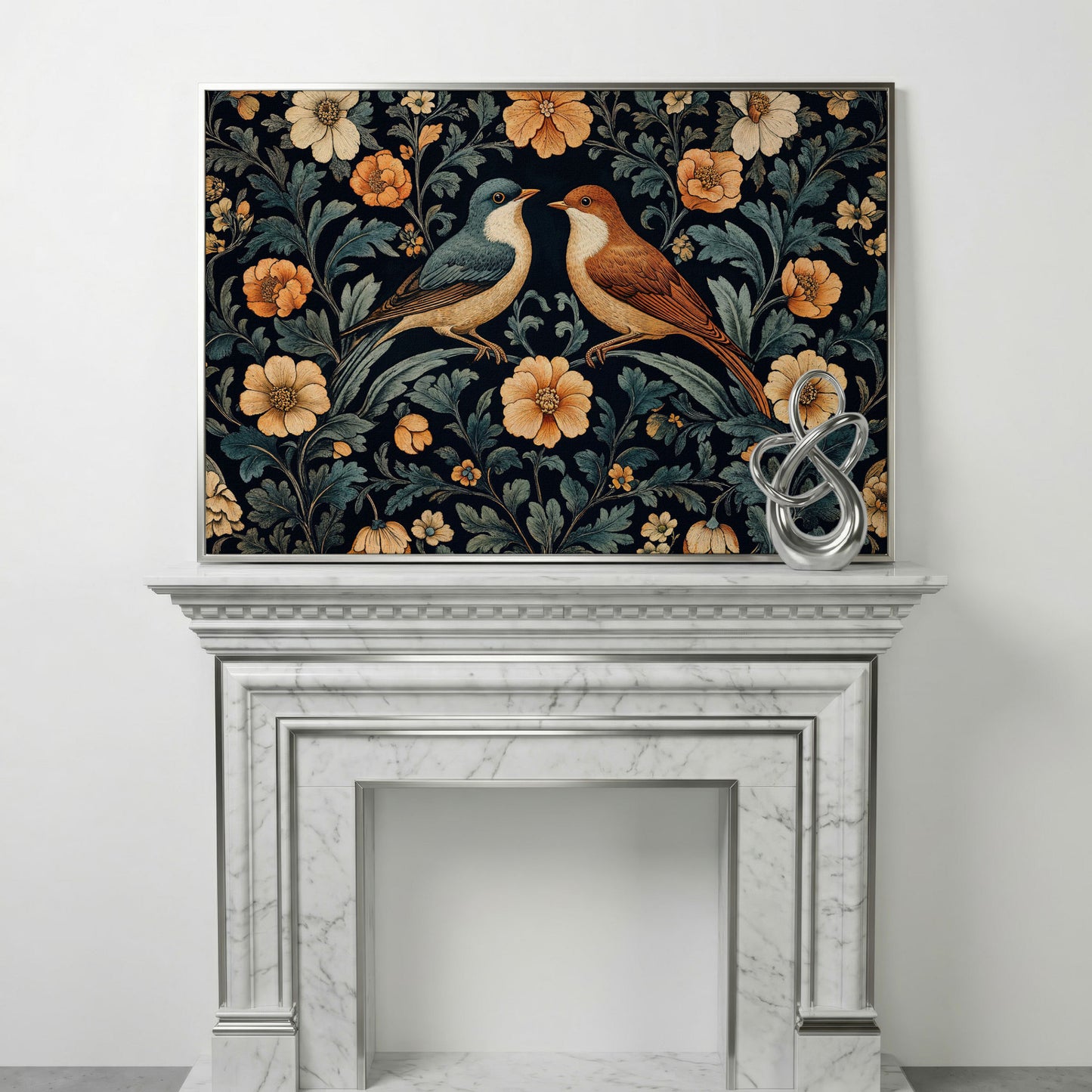 Vintage Birds and Florals Canvas Print in silver floating frame