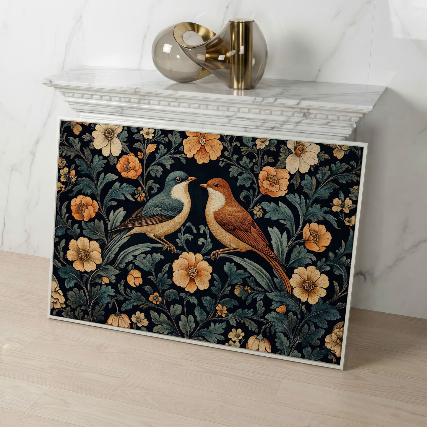 Vintage Birds and Florals Canvas Print in white floating frame