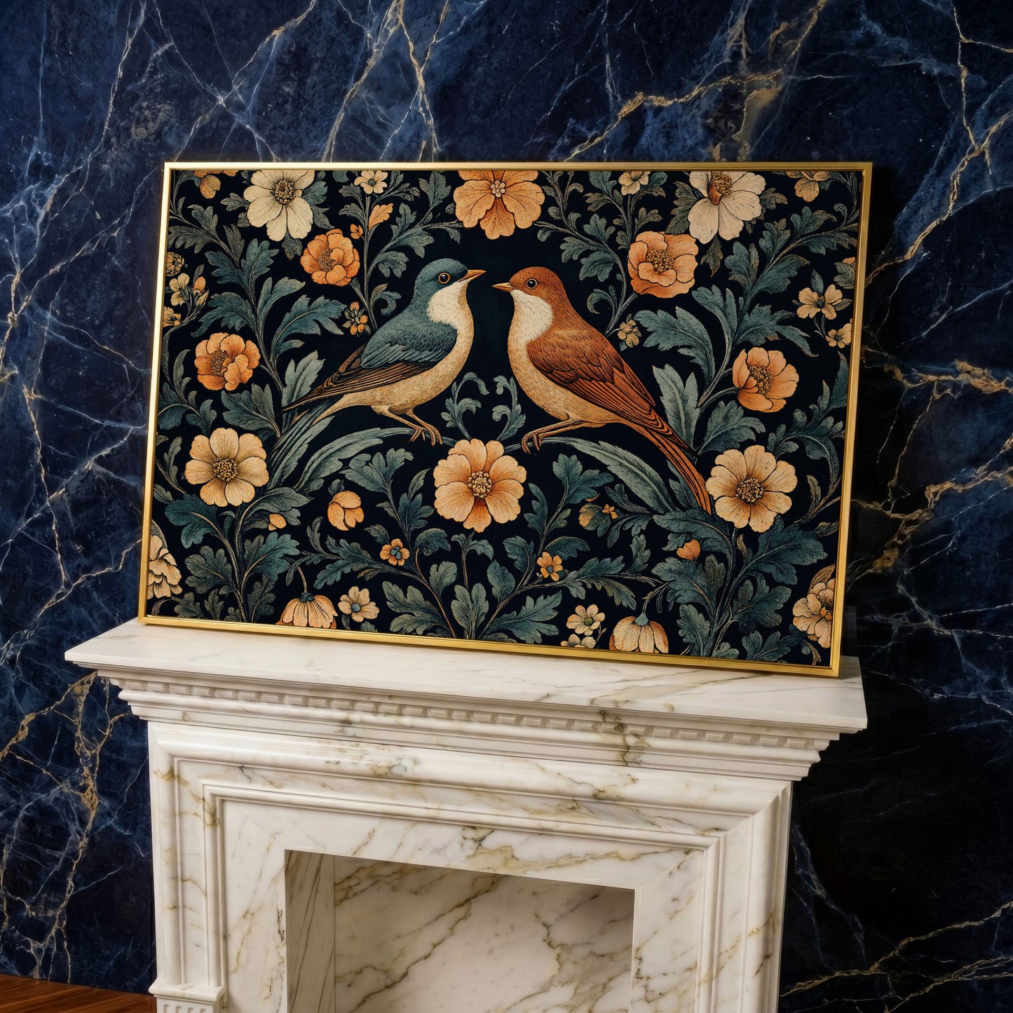 Vintage Birds and Florals Canvas Print in yellow gold floating frame