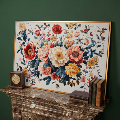 Vibrant Peony Bouquet Canvas Print in antique gold floating frame