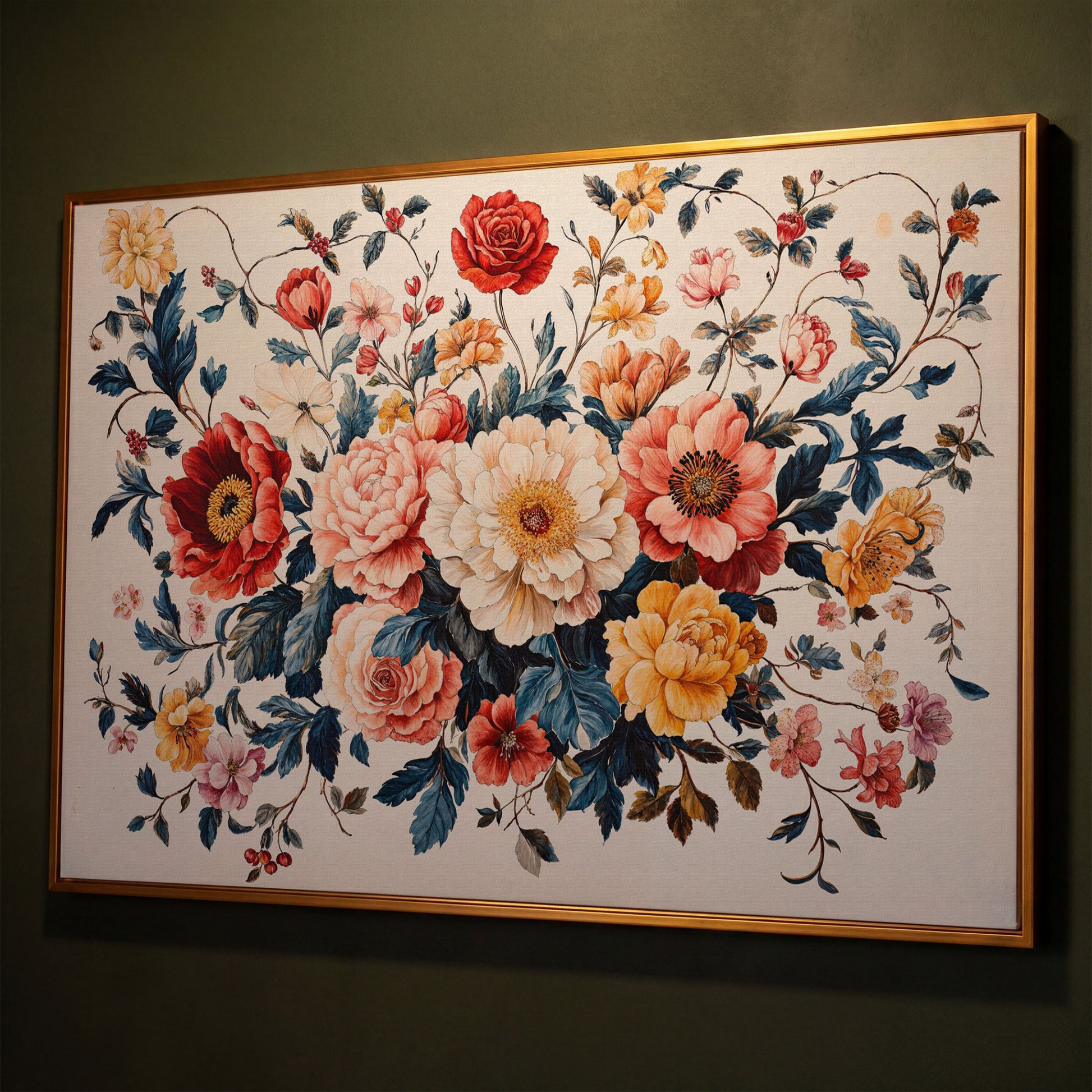 Vibrant Peony Bouquet Canvas Print shown in antique gold floating frame