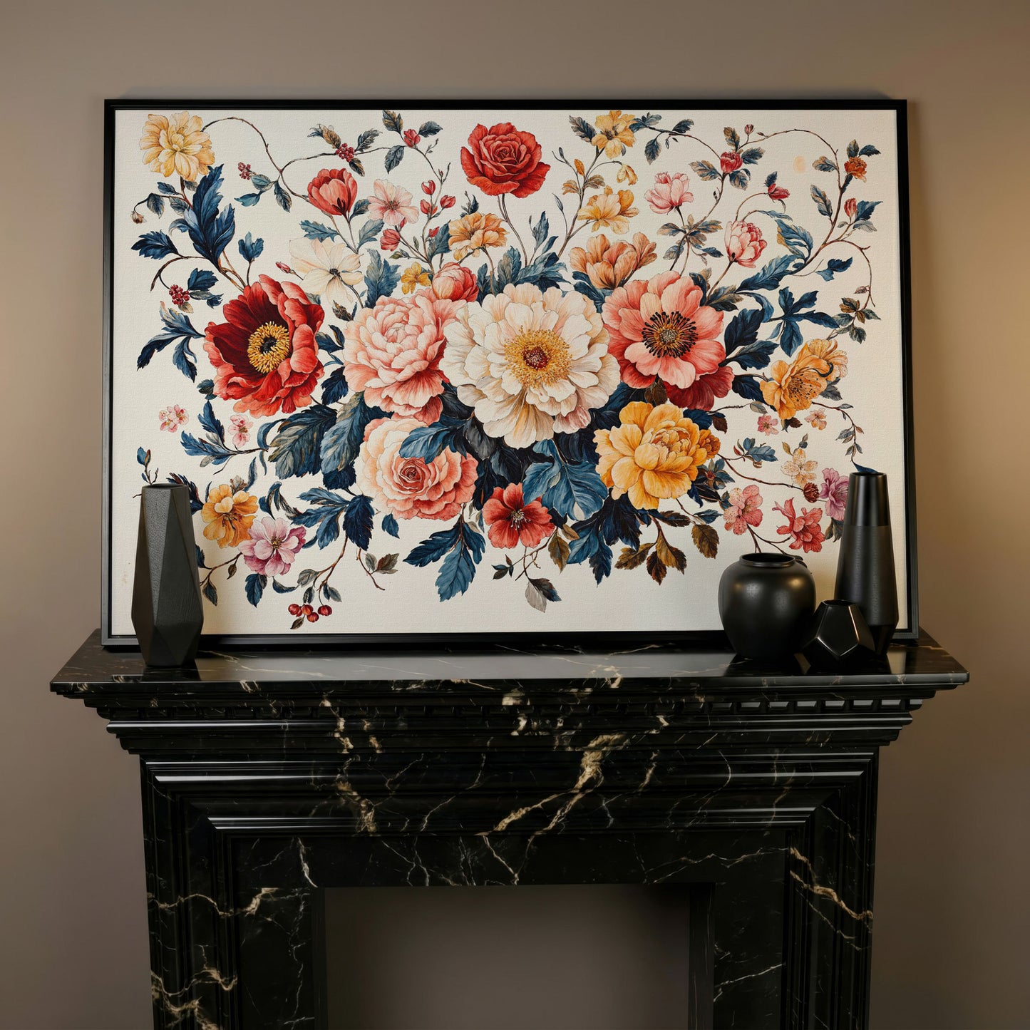Vibrant Peony Bouquet Canvas Print in black floating frame