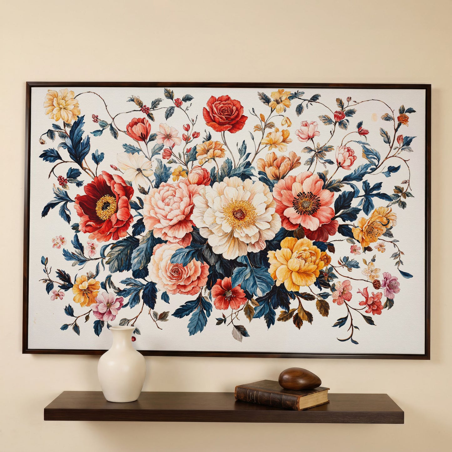 Vibrant Peony Bouquet Canvas Print in dark walnut floating frame