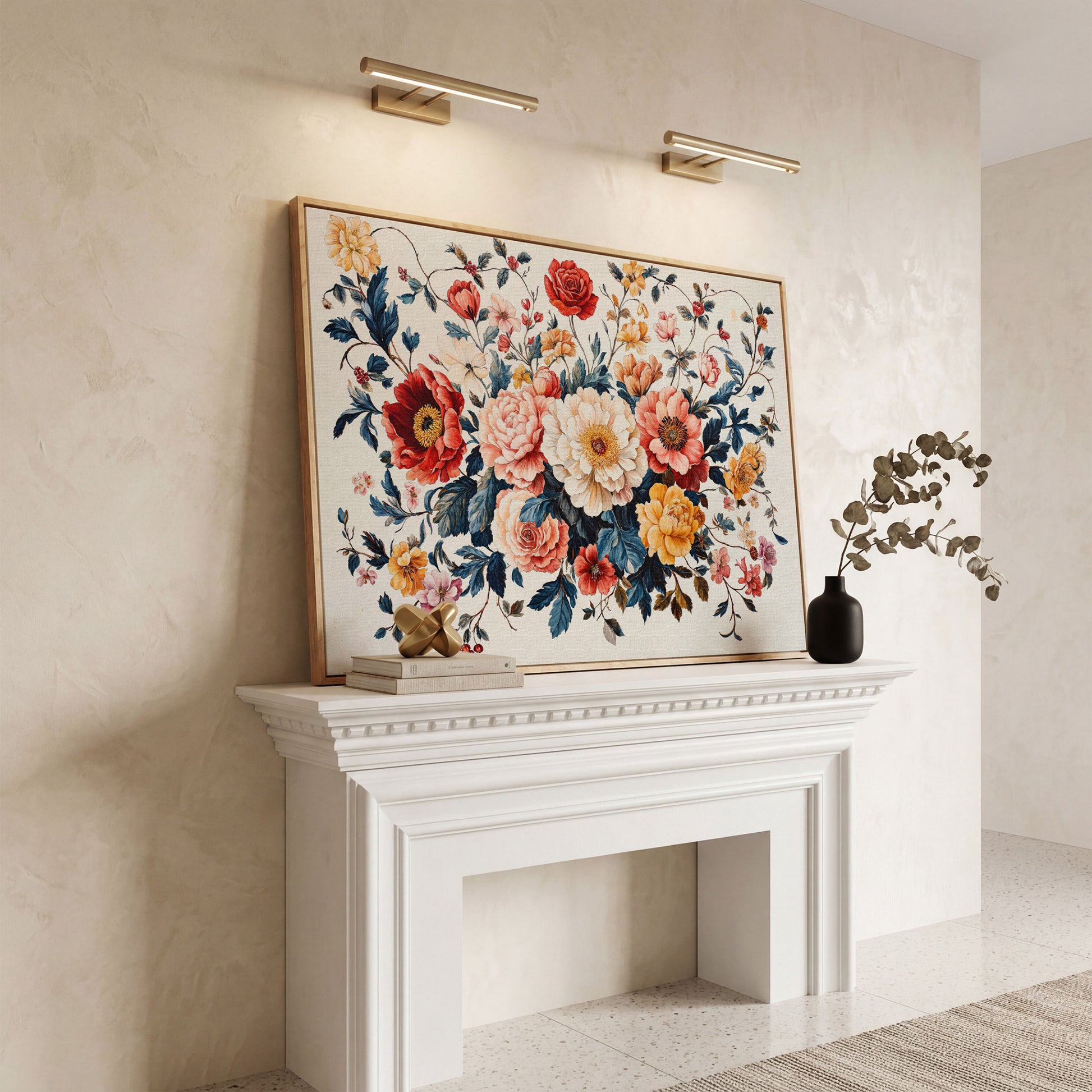 Vibrant Peony Bouquet Canvas Print in white oak floating frame