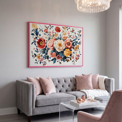 Vibrant Peony Bouquet Canvas Print in pink floating frame