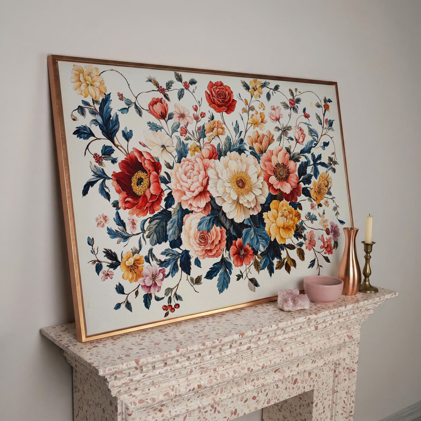 Vibrant Peony Bouquet Canvas Print in rose gold floating frame