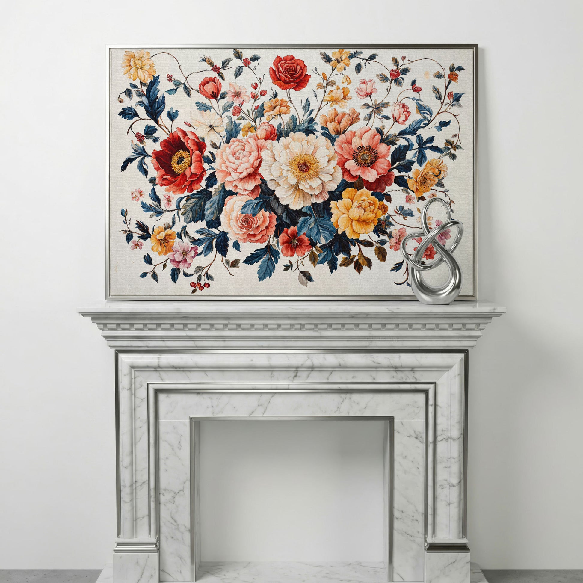 Vibrant Peony Bouquet Canvas Print in silver floating frame