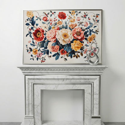 Vibrant Peony Bouquet Canvas Print in silver floating frame
