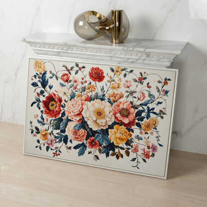 Vibrant Peony Bouquet Canvas Print in white floating frame