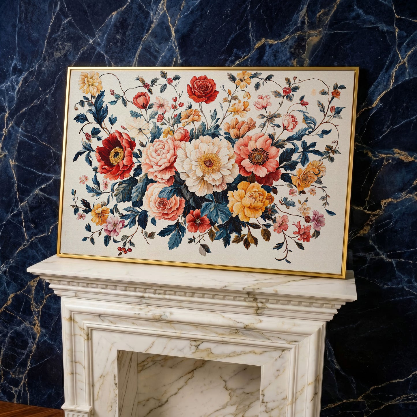 Vibrant Peony Bouquet Canvas Print in yellow gold floating frame
