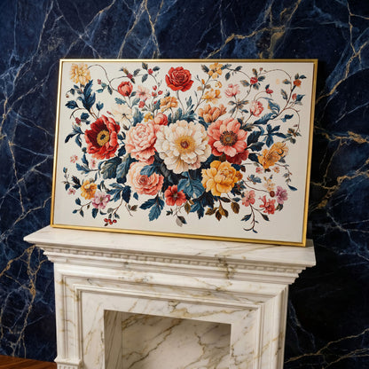 Vibrant Peony Bouquet Canvas Print in yellow gold floating frame
