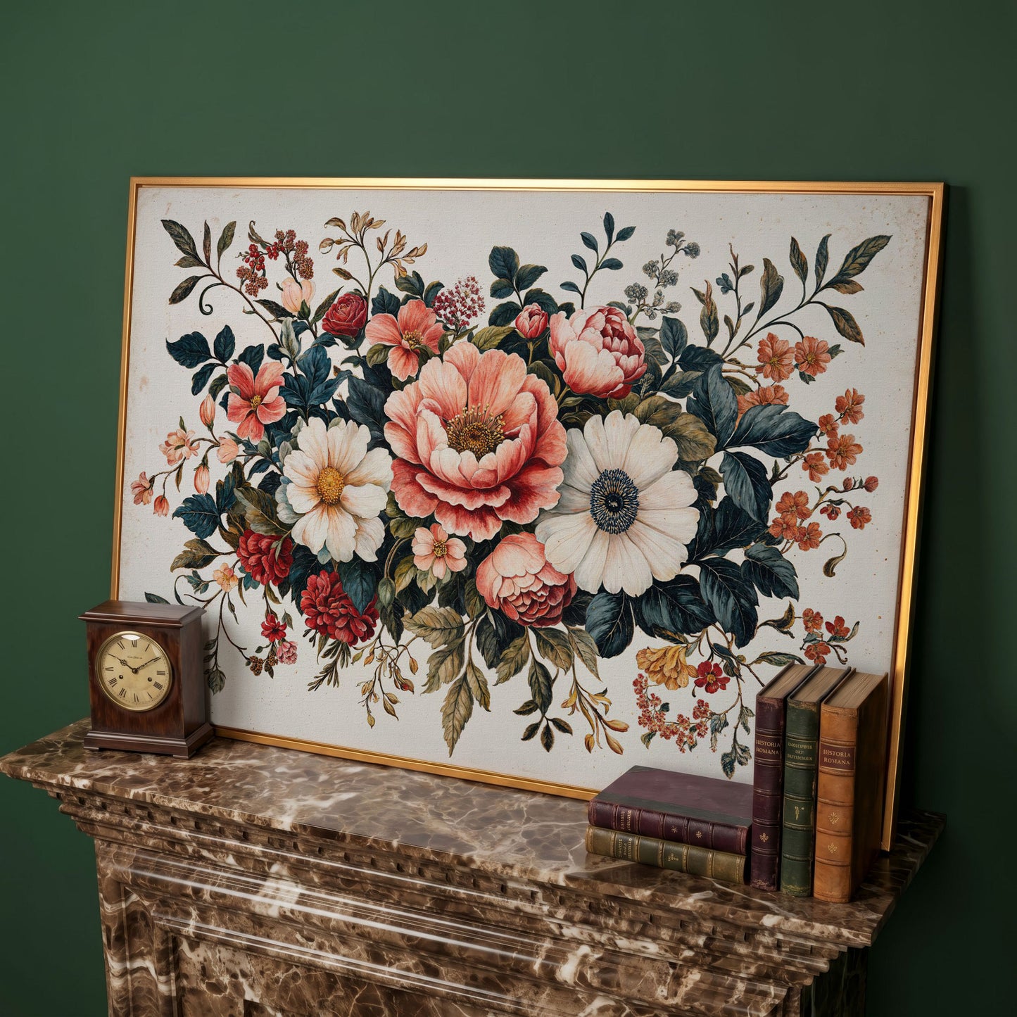 Vintage Floral Botanical Canvas with Salmon Peonies in antique gold floating frame