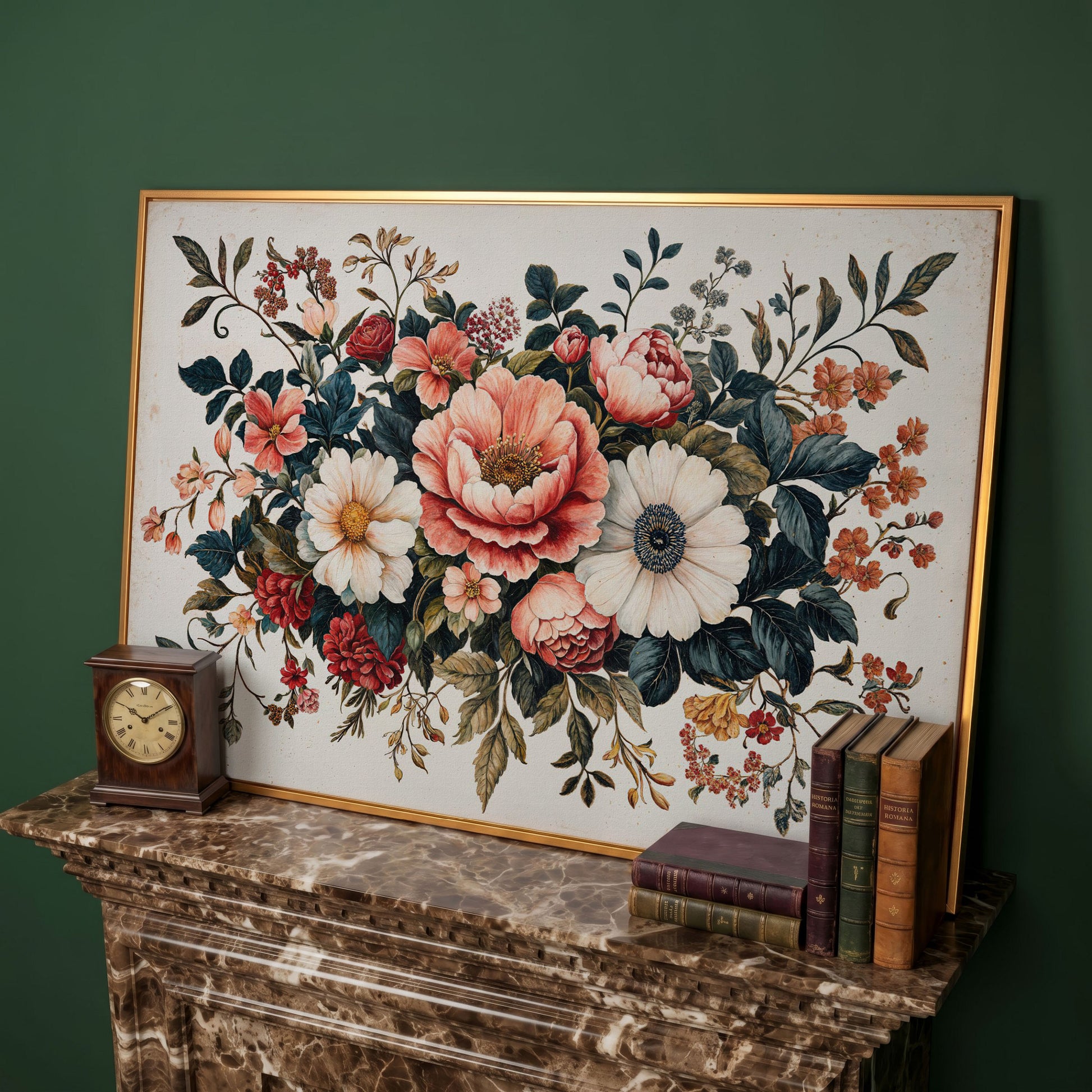 Vintage Floral Botanical Canvas with Salmon Peonies in antique gold floating frame