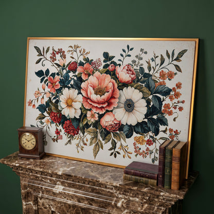 Vintage Floral Botanical Canvas with Salmon Peonies in antique gold floating frame
