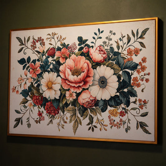 Vintage Floral Botanical Canvas with Salmon Peonies shown in antique gold floating frame