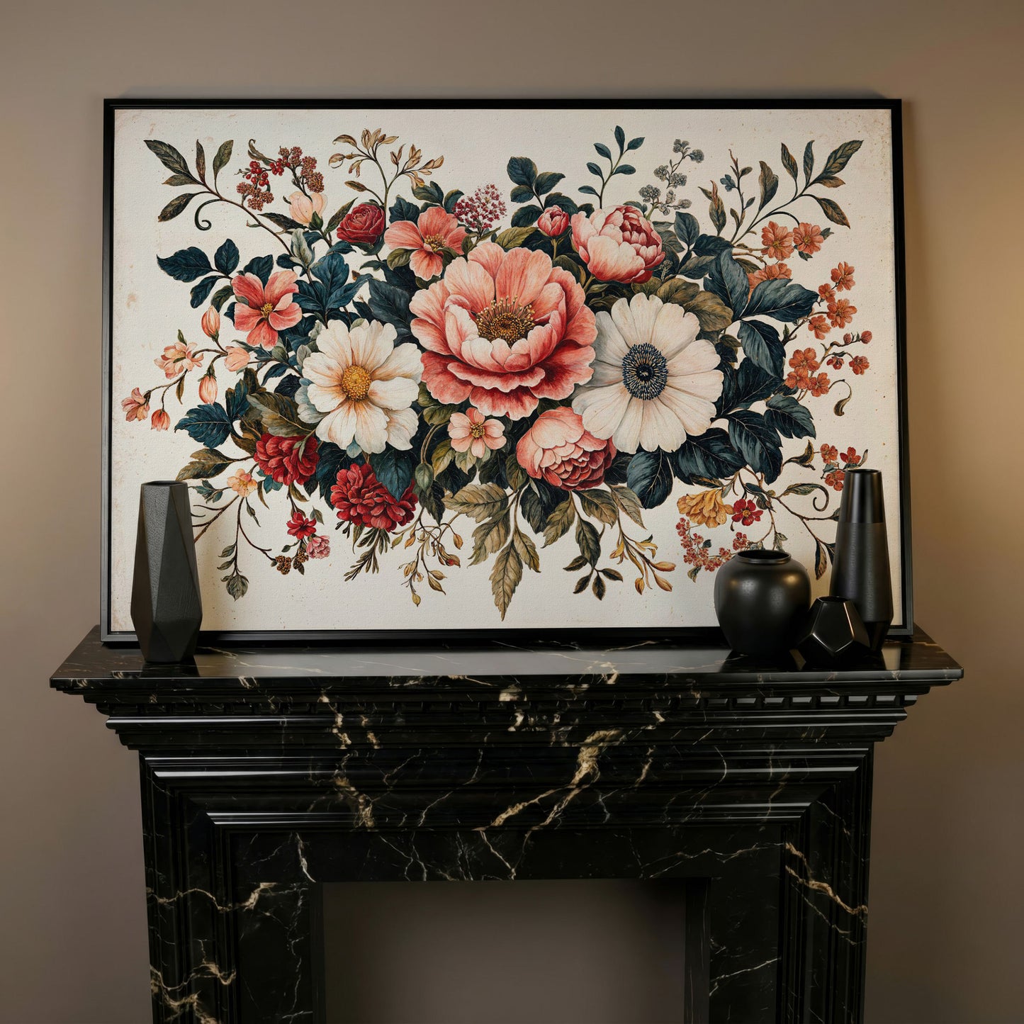 Vintage Floral Botanical Canvas with Salmon Peonies in black floating frame