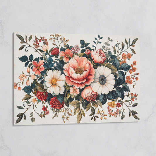 Vintage Floral Botanical Canvas with Salmon Peonies on gallery wrap