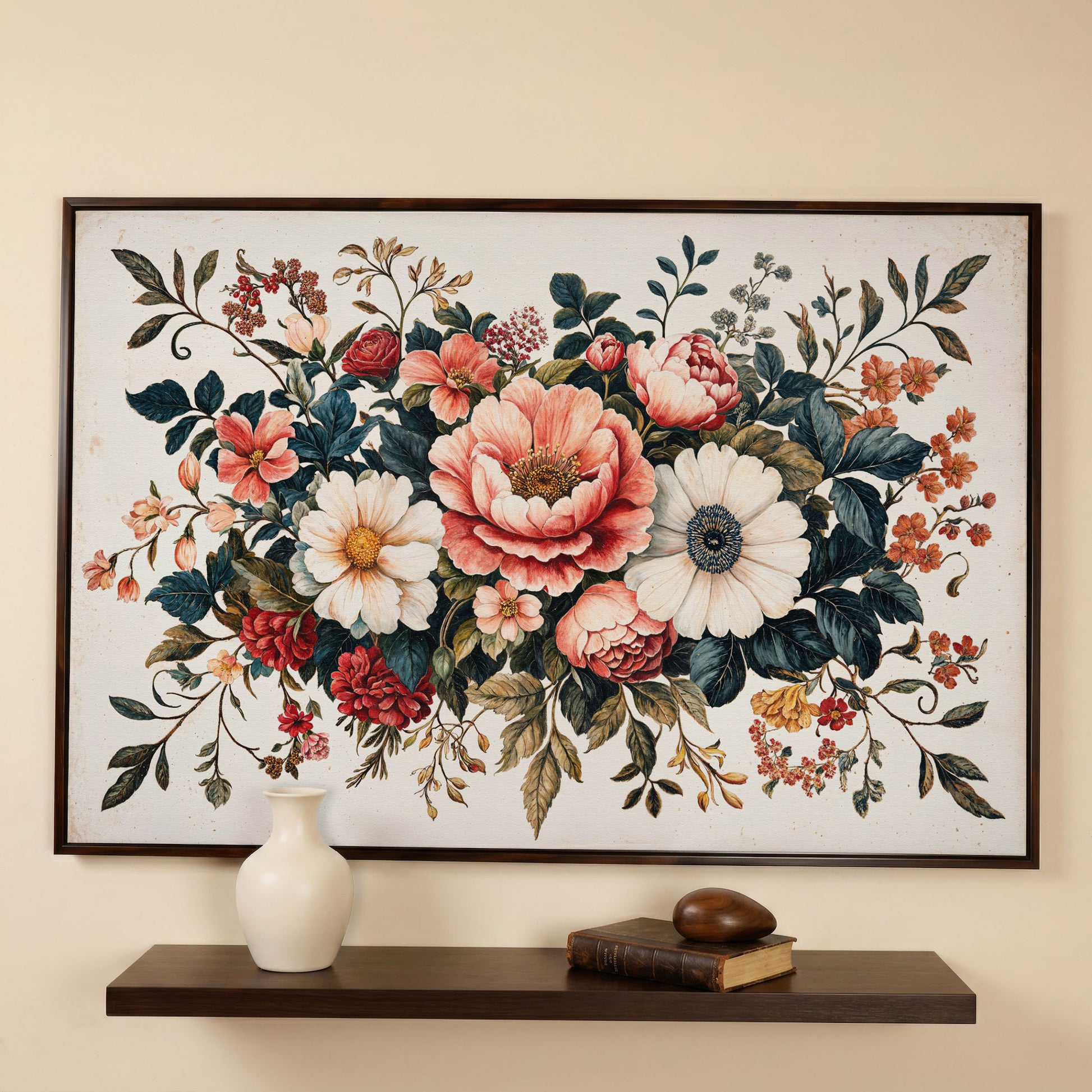Vintage Floral Botanical Canvas with Salmon Peonies in dark walnut floating frame
