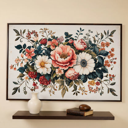 Vintage Floral Botanical Canvas with Salmon Peonies in dark walnut floating frame
