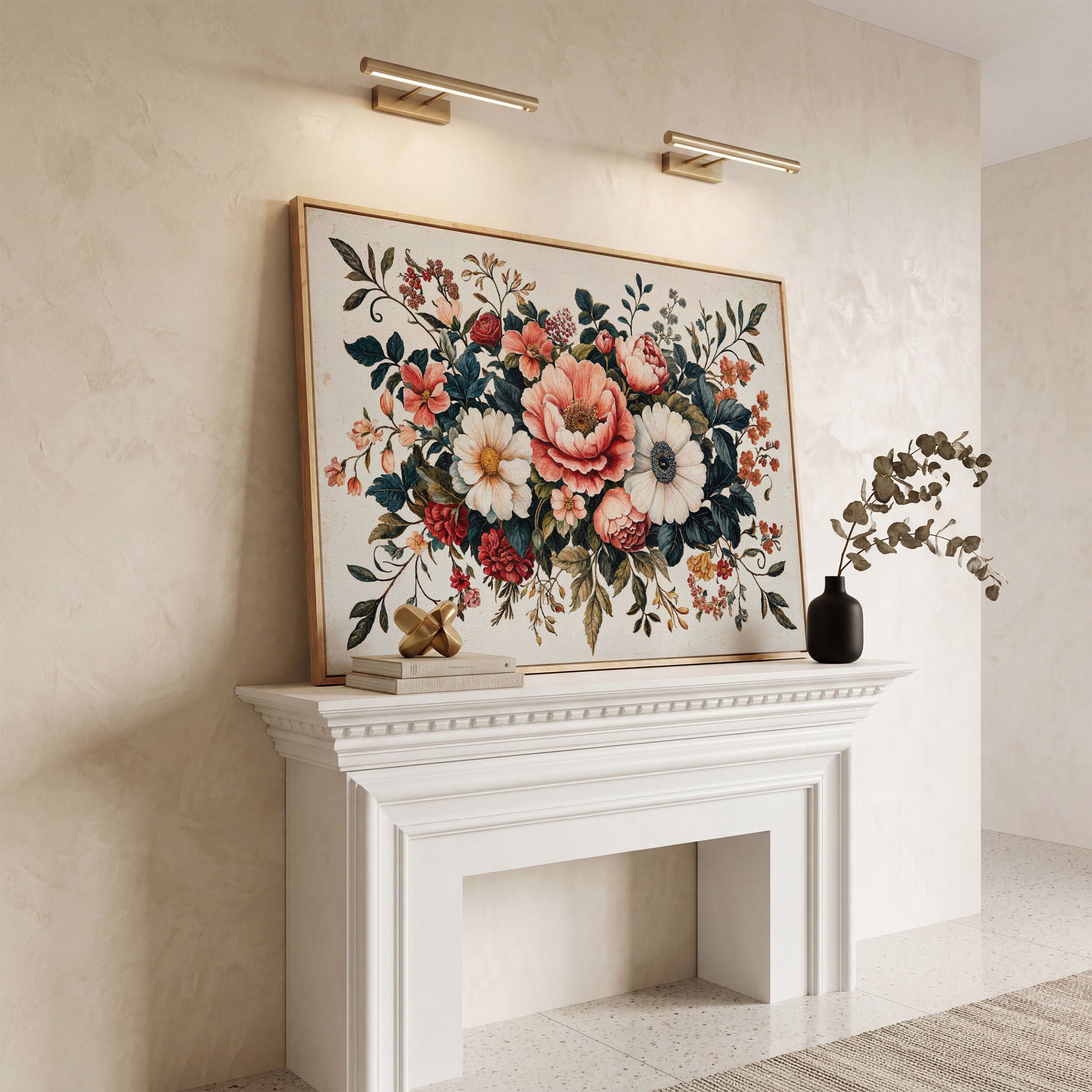 Vintage Floral Botanical Canvas with Salmon Peonies in white oak floating frame